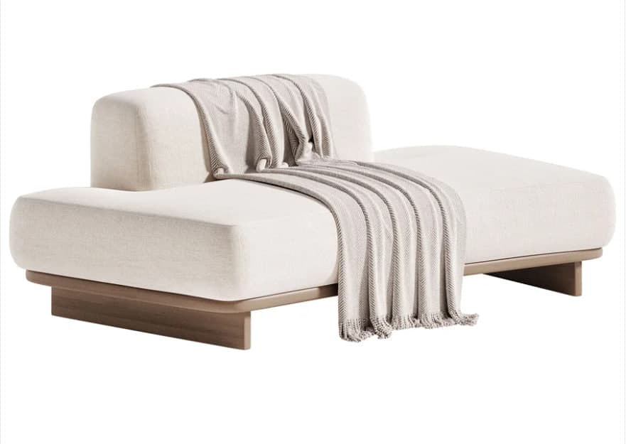 A contemporary upholstered chaise lounge featuring a low-profile design and a sturdy wooden base. The lounge has a long, extended seating surface with a fixed backrest on one side, all upholstered in a light beige fabric. A light grey throw blanket is draped over the seating area. — 3D model
