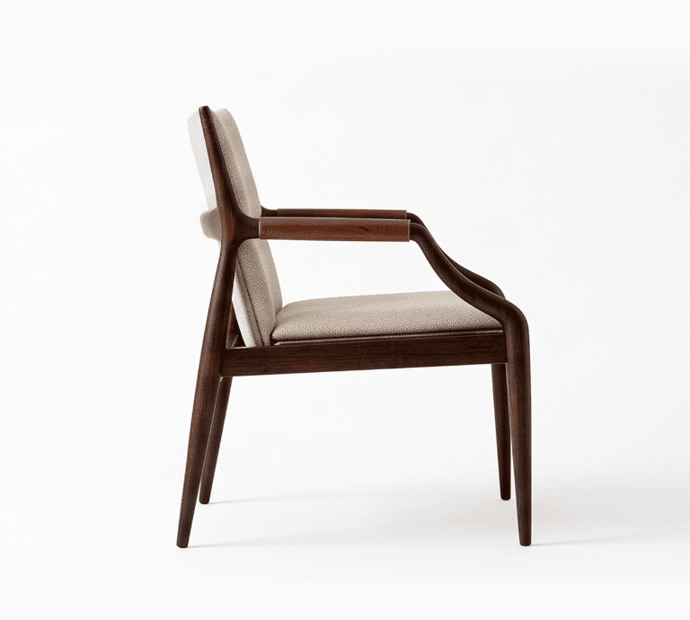 A sophisticated armchair featuring a sculpted dark wood frame with an upholstered seat and back. The design showcases elegant curves, tapered legs, and distinctive padded armrests, reflecting a Mid-Century Modern aesthetic. — 3D model
