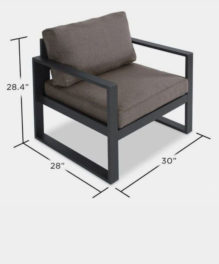 A modern outdoor lounge armchair featuring a dark gray metal frame and two removable brown fabric cushions. The frame has a distinct boxy, minimalist design with an open base, and flat, wide armrests. The seat and back cushions are upholstered in a durable, textured brown fabric, providing comfort and contemporary aesthetic. — 3D model