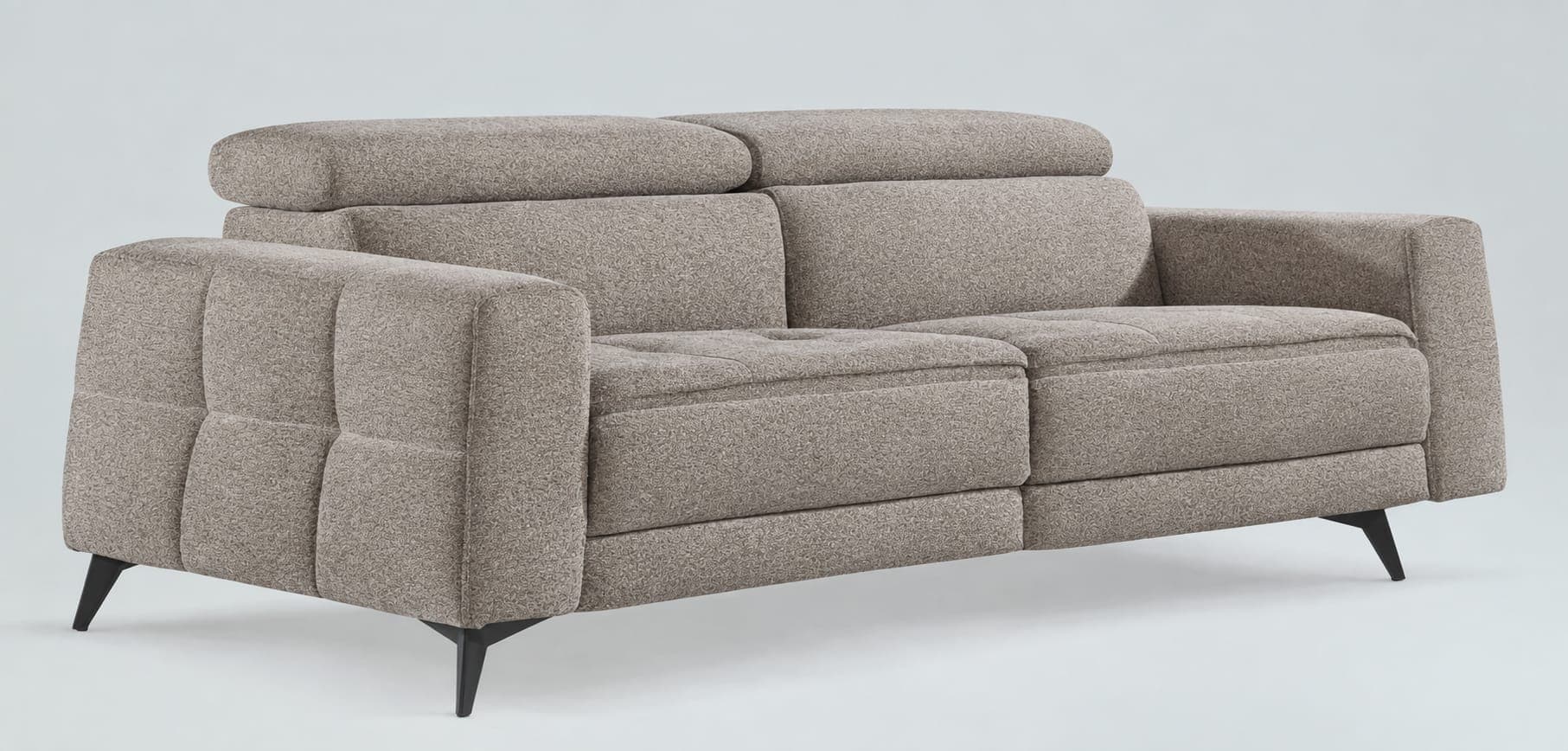 A modern two-seater sofa featuring a light greyish-brown textured fabric upholstery. It has two distinct seat cushions, two backrests with adjustable headrests, and recessed track armrests. The sofa is supported by four slender, tapered black metal legs, giving it a contemporary aesthetic. The segmented design of the seat base suggests a reclining functionality. — 3D model