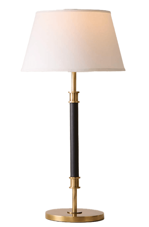 A table lamp featuring a polished brass base and stem, accented by a central section wrapped in dark leather. It is topped with a white, slightly conical fabric drum shade. — 3D model