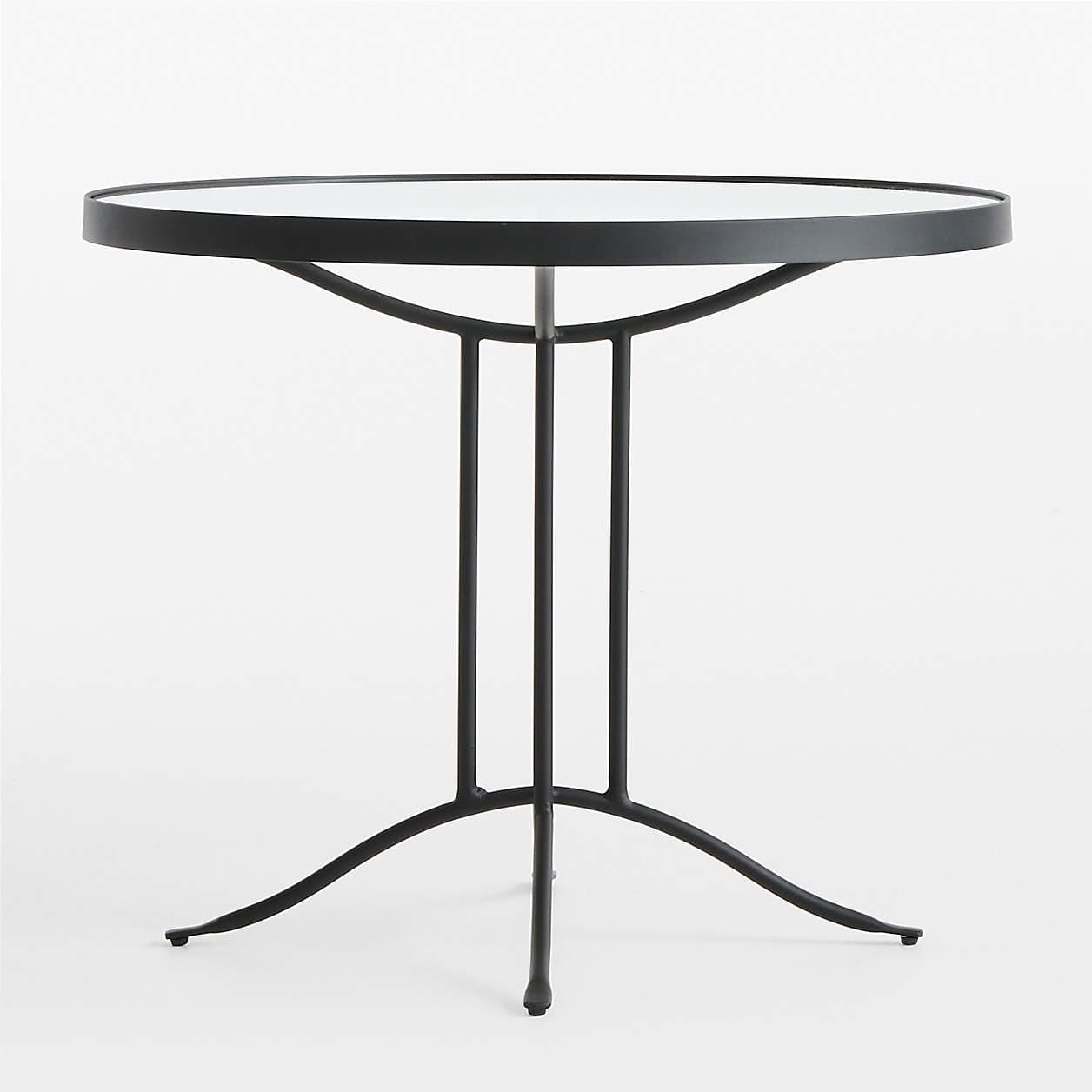 A round dining table with a metal base and a mirrored top. The base consists of three slender legs that curve outwards and are joined by a central vertical support structure composed of three parallel rods. The tabletop has a thin, dark rim. — 3D model