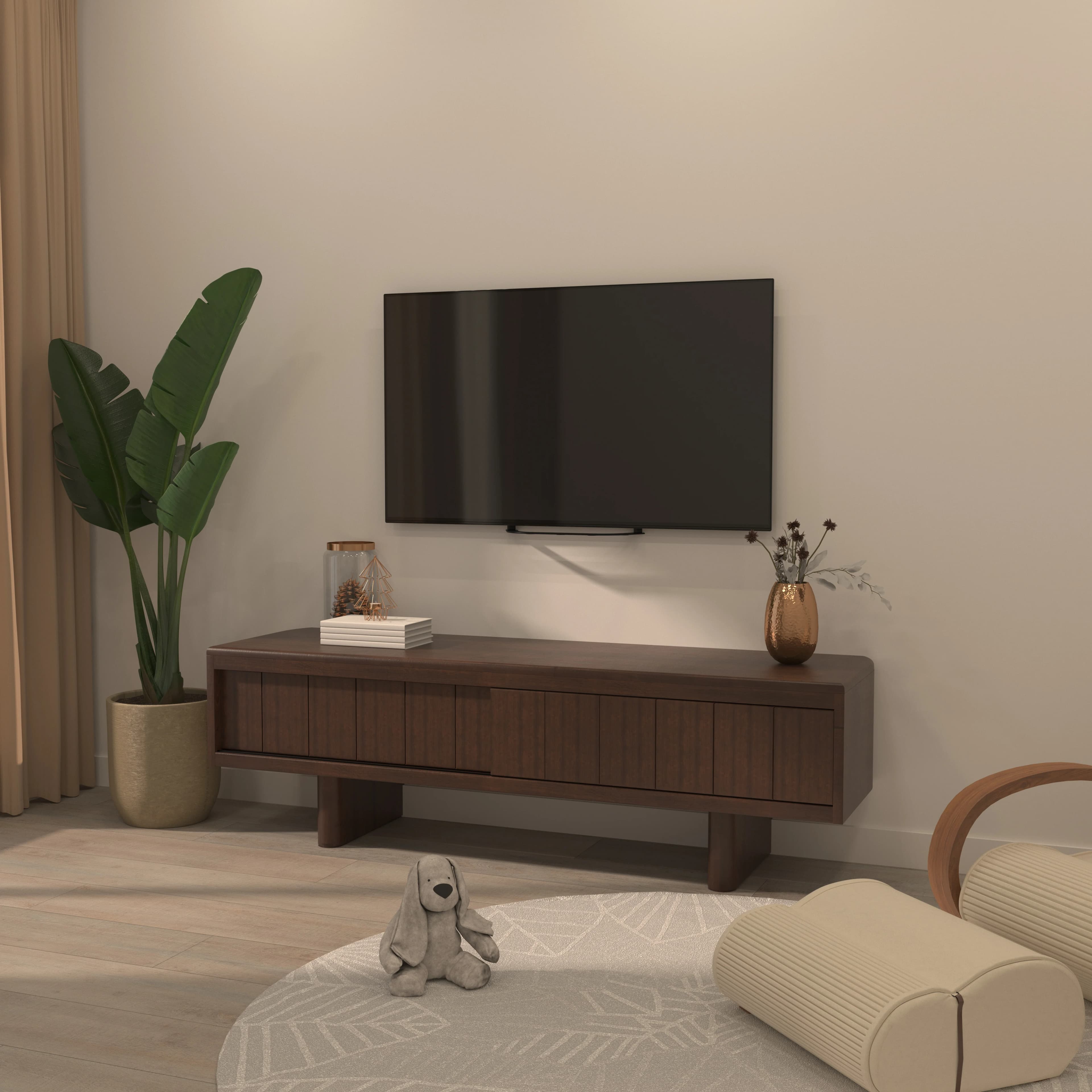 A modern, long, and low-profile media console or TV stand crafted from dark-stained wood. It features a sleek, minimalist design with rounded edges on the top surface. The front facade is characterized by multiple vertical slatted panels that function as sliding doors, offering both aesthetic appeal and practical ventilation for electronic components. The console is supported by two thick, sturdy block legs positioned towards the center, elevating the main body from the floor. — 3D model