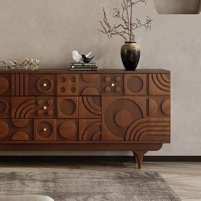 A long, dark wood credenza or sideboard featuring a highly decorative facade composed of various geo… — 3D model