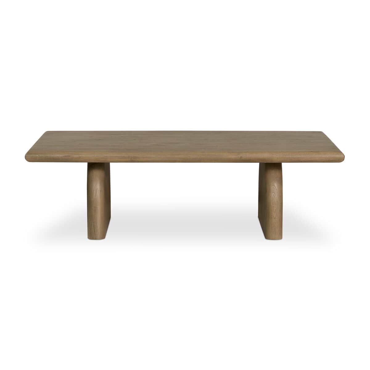 A low rectangular coffee table with a thick, rounded top and two sturdy, cylindrical legs positioned… — 3D model