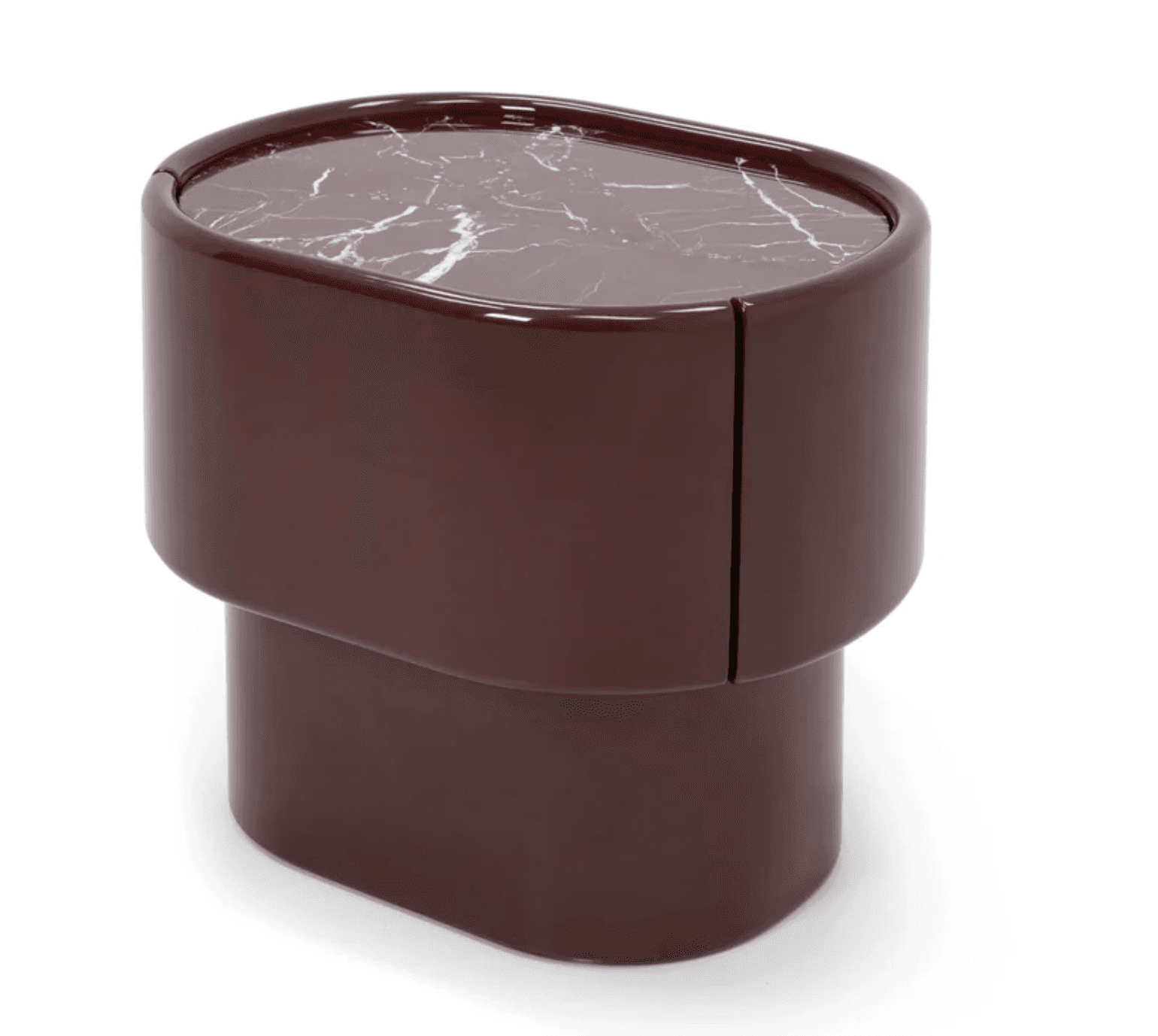 A contemporary pill-shaped nightstand featuring a high-gloss burgundy lacquered body and a natural m… — 3D model