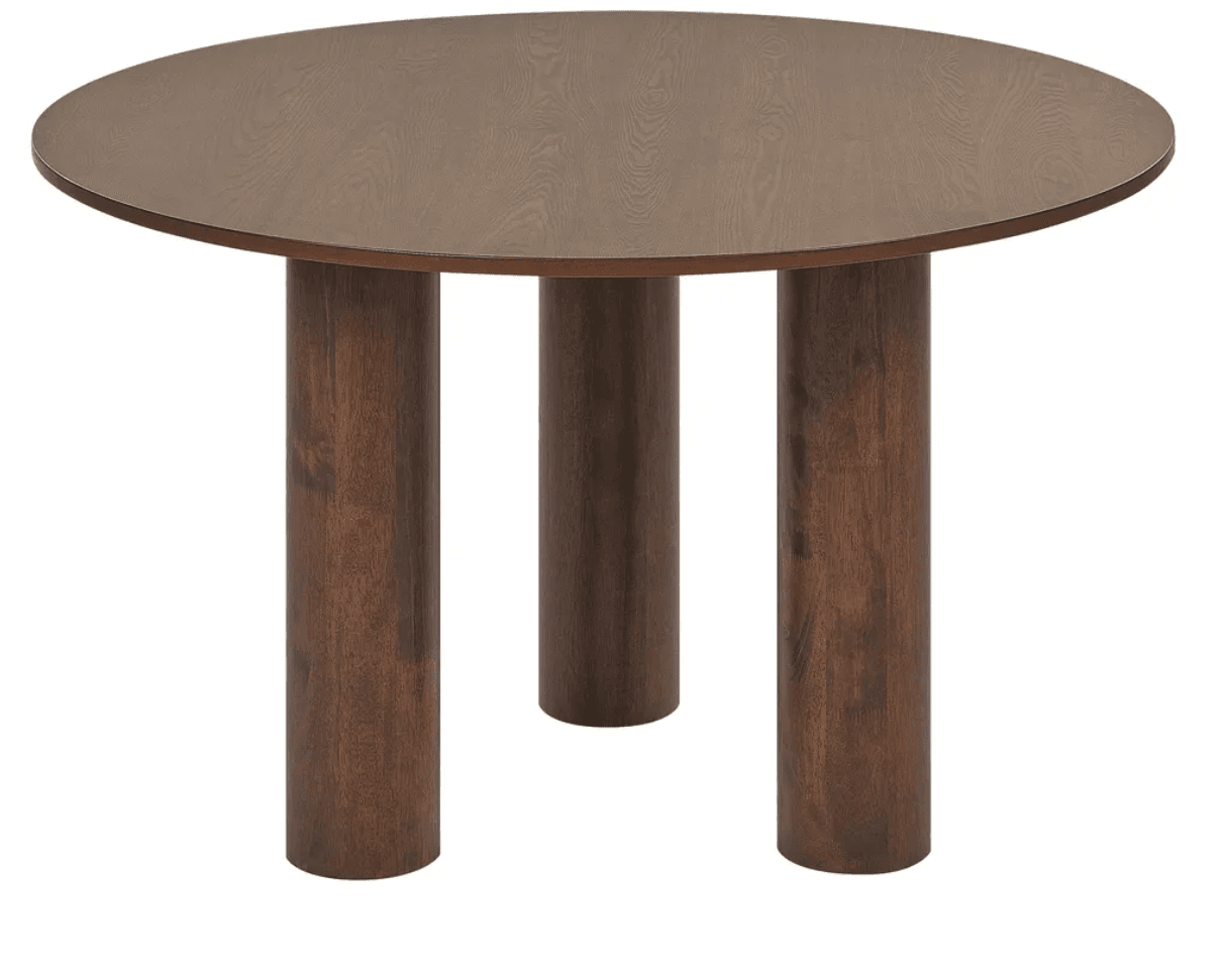 A round dining table with a dark wood finish and three cylindrical legs. The tabletop is flat and exhibits a visible wood grain pattern. The legs are thick and evenly spaced, providing a sturdy base. — 3D model