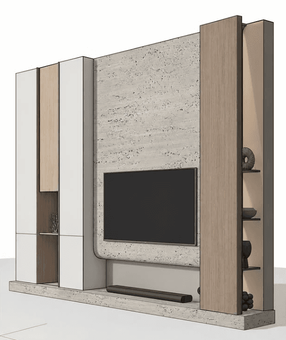 A contemporary wall-mounted media console unit featuring a multi-material design. It includes a central recess for a television and soundbar, flanked by a combination of closed cabinet storage with white lacquered fronts and open display shelving integrated into light wood veneer panels. The main back panel and base appear to be a textured light-colored stone or concrete material. — 3D model