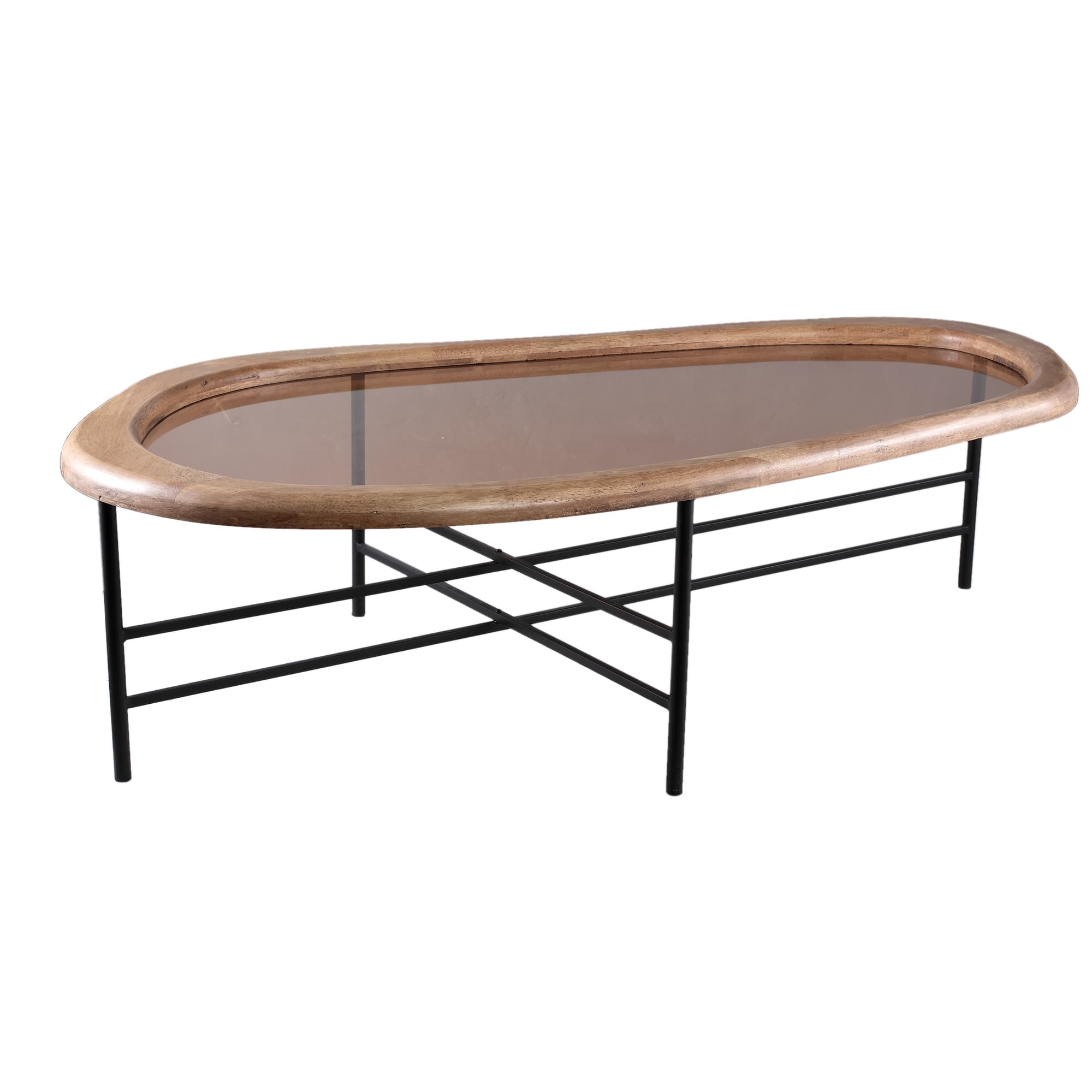 An oval coffee table featuring a smoked glass top inset into a rounded wooden frame. The frame is supported by a minimalist base constructed from thin, black metal legs arranged in an 'X' shape, providing a contrast to the natural wood and glass elements. — 3D model
