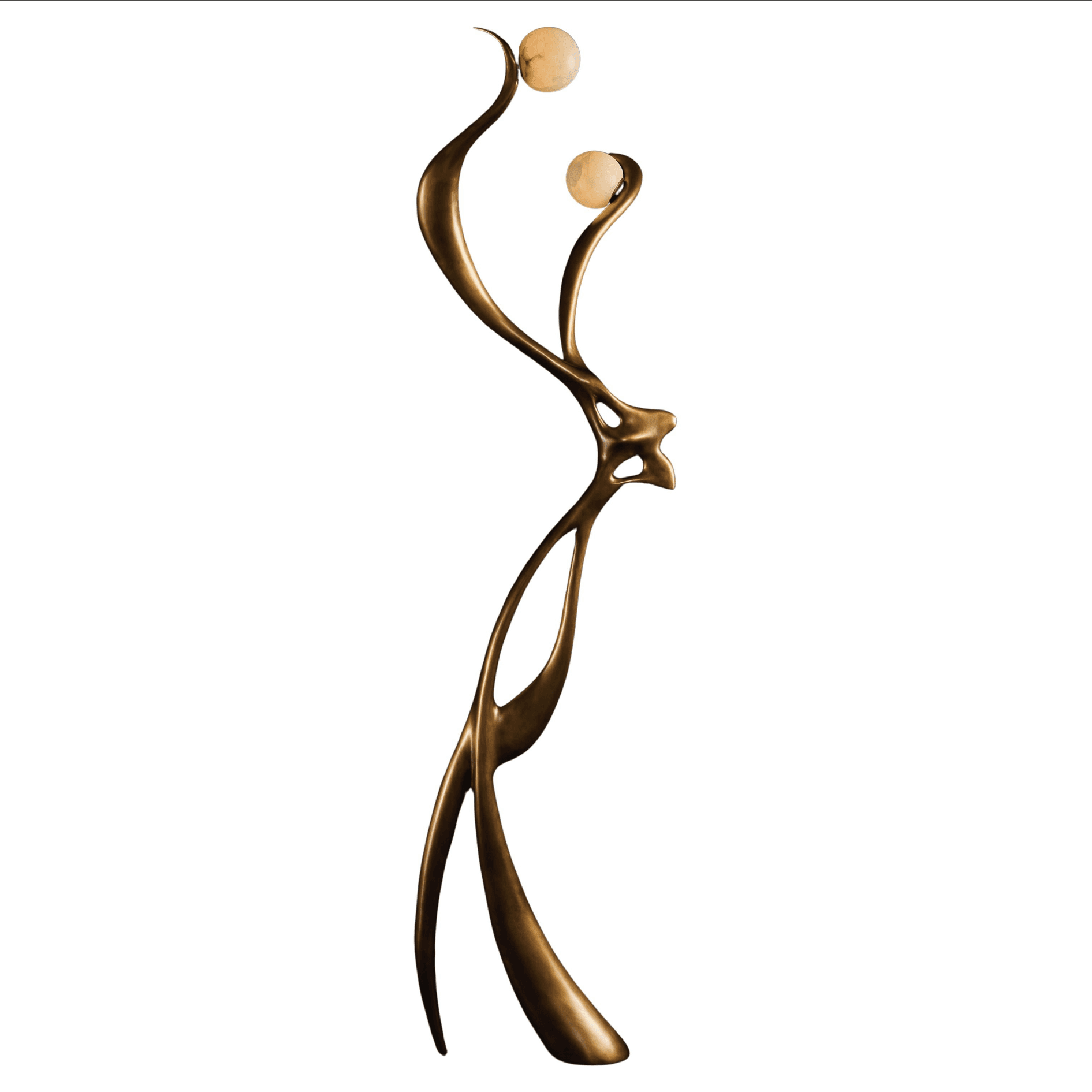 A tall, sculptural floor lamp with an organic, flowing, biomorphic form crafted from bronze-finished metal. It features two spherical light diffusers positioned at different heights along the upward-curving arms of the lamp, likely made from frosted glass or alabaster. The base integrates seamlessly into the overall fluid design, creating a contemporary and artistic lighting fixture. — 3D model