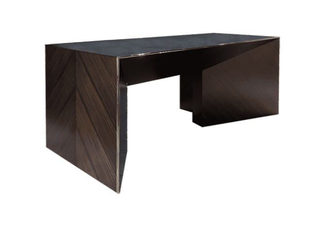A modern, angular desk with a dark wood veneer finish and metallic trim. The desk features a geometr… — 3D model