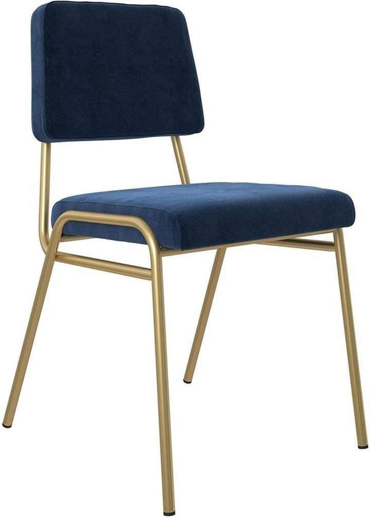 An armless modern dining chair featuring a slender golden metal frame and plush navy blue velvet upholstery. The chair has a distinct, rectangular padded backrest and a square padded seat, both covered in soft velvet. The metal frame forms a continuous loop for the front legs, supporting the seat, while two separate metal bars extend upwards to support the backrest and form the rear legs. The design is sleek and contemporary, emphasizing clean lines and a luxurious material contrast. — 3D model