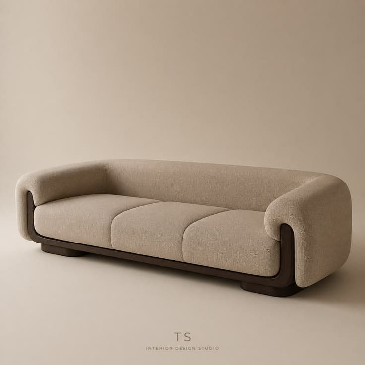 A modern three-seater sofa featuring a light beige upholstered body with three distinct seat cushions and integrated rounded armrests. The upholstered section rests within a dark brown wooden frame that wraps around the entire base and extends upwards to encompass the lower part of the arms and back, creating a visually continuous, floating effect. The design is sleek, contemporary, and low-profile. — 3D model