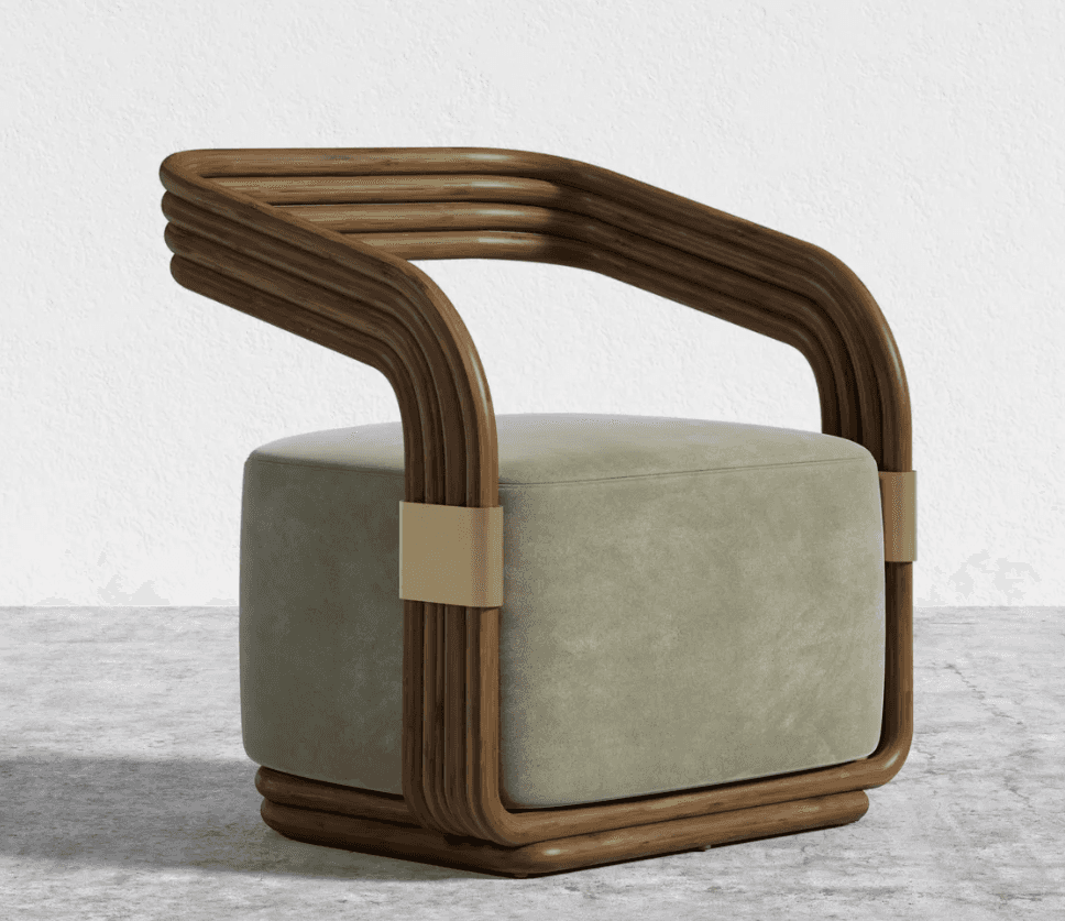 A stylish lounge chair featuring a distinctive curved frame made from multiple parallel dark-stained… — 3D model