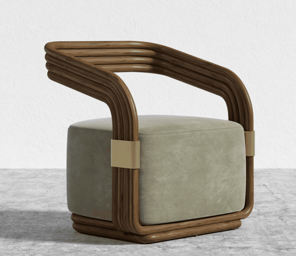 A stylish lounge chair featuring a distinctive curved frame made from multiple parallel dark-stained rattan elements, which form the backrest and armrests. This rattan frame envelops a plush, cylindrical upholstered seat and back cushion, rendered in a light sage green fabric. The rattan frame is secured to the upholstered base with subtle brass-finished metal bands, providing both structural support and a decorative accent. The chair's design blends natural materials with a sophisticated, comfortable aesthetic. — 3D model