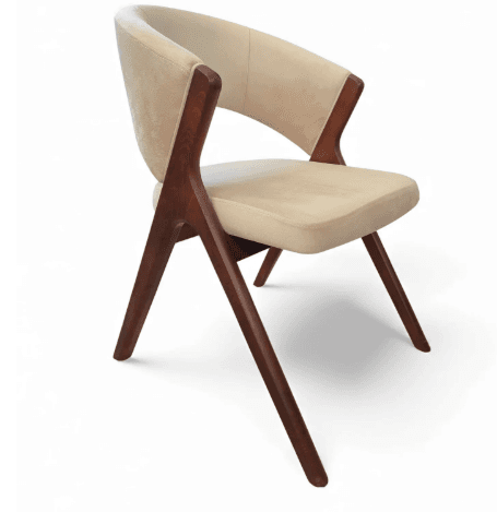 A modern upholstered dining armchair featuring a curved backrest and seat, all covered in a light cream or beige fabric. The frame and tapered legs are constructed from dark-stained wood, creating a striking contrast with the upholstery. The armrests are integrated into the wooden frame, curving gracefully from the back. — 3D model