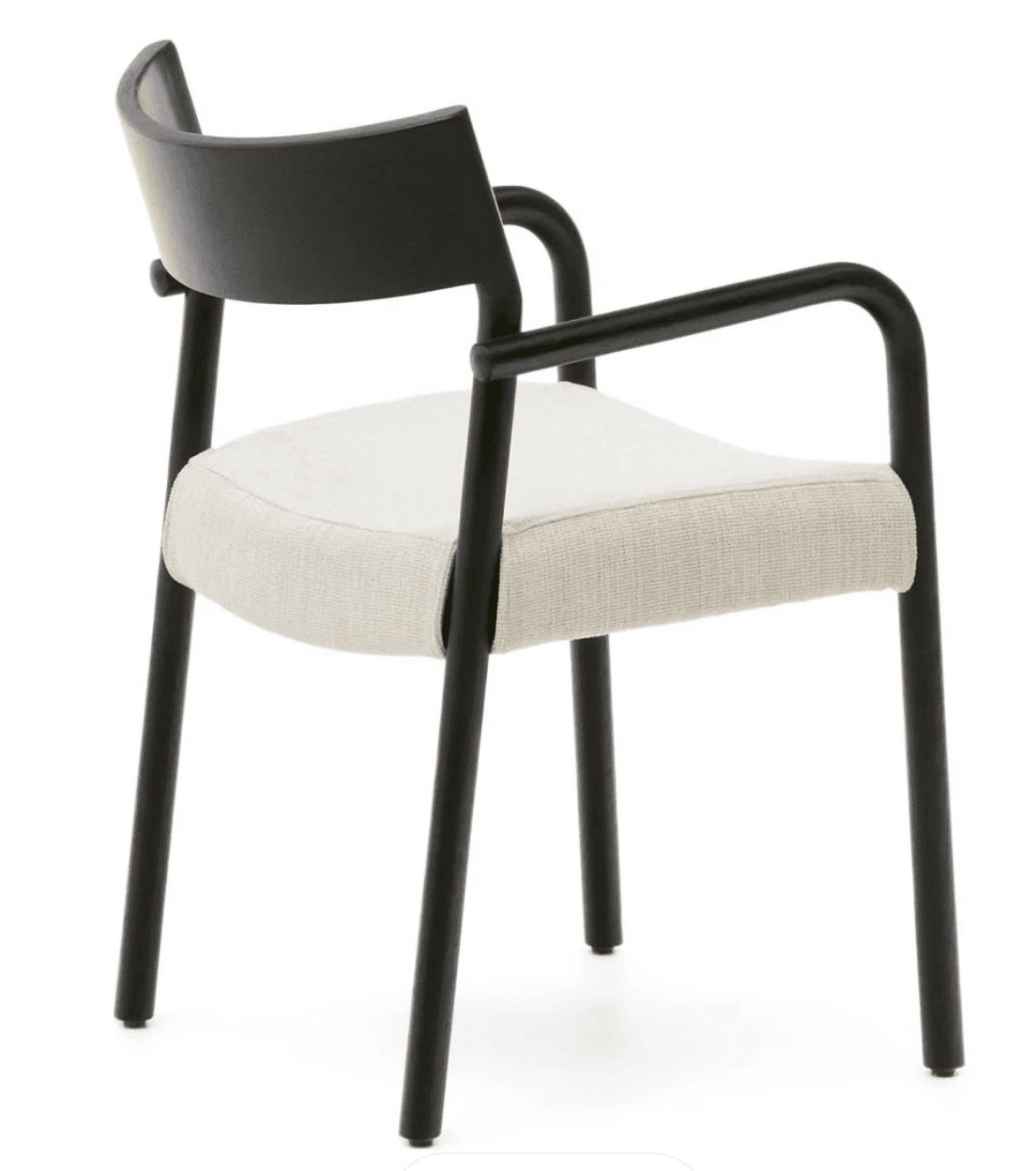 A contemporary armchair featuring a matte black tubular frame with integrated armrests and legs. The seat is an off-white or light beige upholstered cushion, and the backrest is a curved, solid black piece, possibly wood or molded plastic, attached to the rear legs. — 3D model