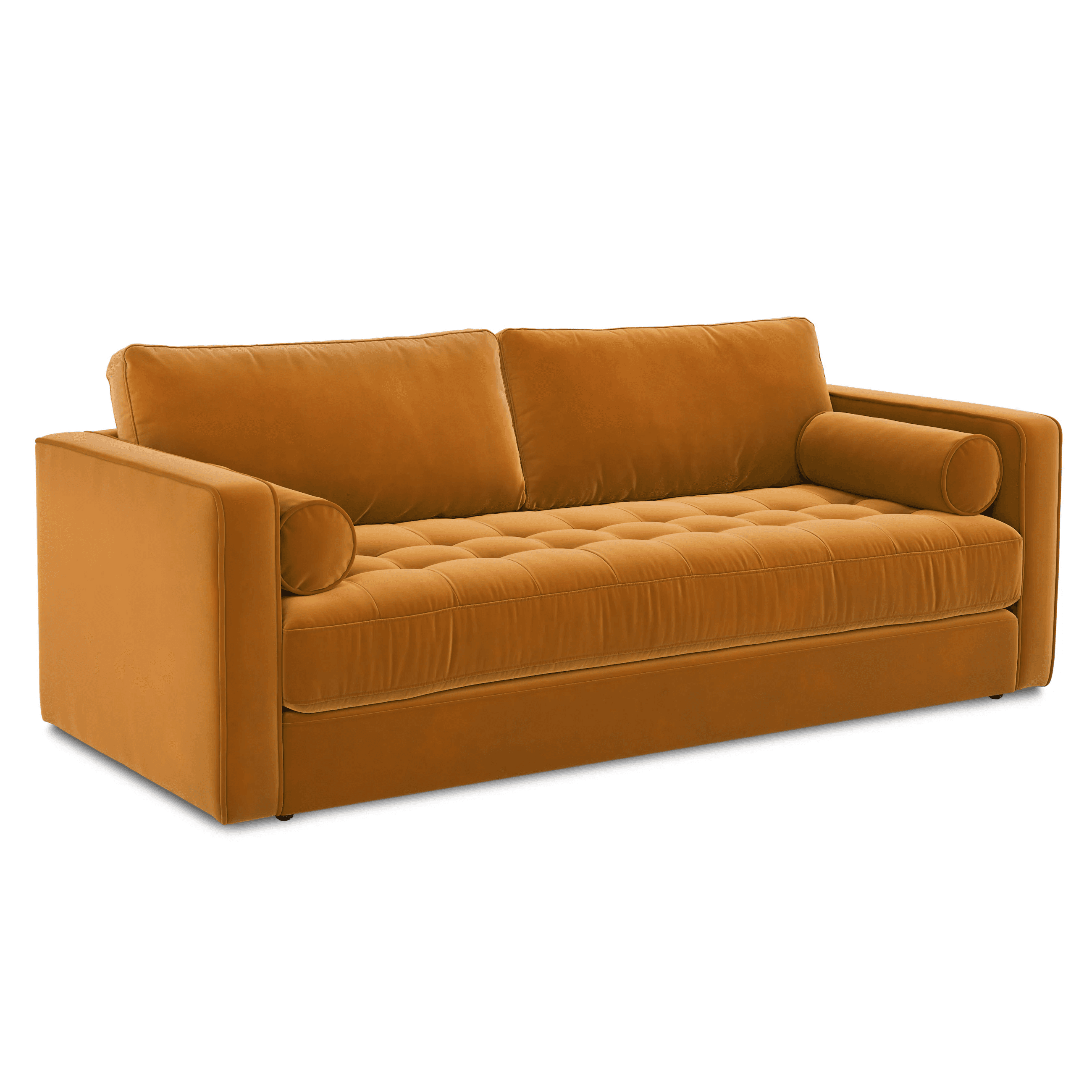 A three-seater sofa with a tufted seat cushion and two back cushions. It features straight arms and includes two cylindrical bolster pillows at the ends. The upholstery appears to be a plush velvet fabric. — 3D model