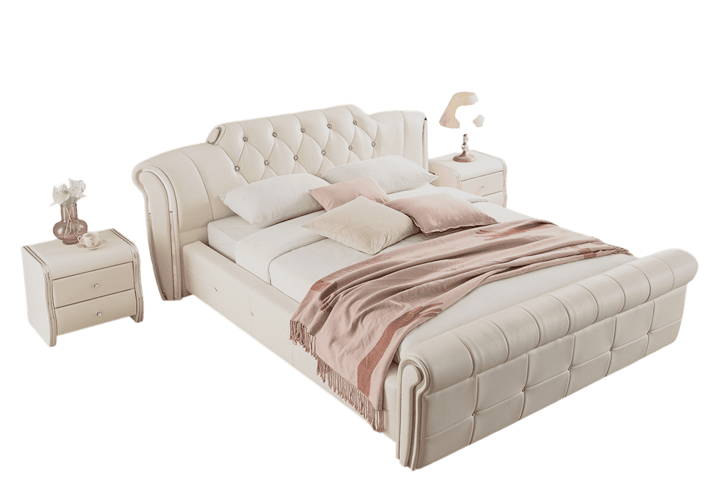 A cream-colored upholstered sleigh bed featuring a high, deeply tufted headboard with crystal-like b… — 3D model
