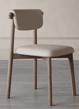 A modern dining chair with a minimalist design. It features a wooden frame with elegantly curved leg… — 3D model