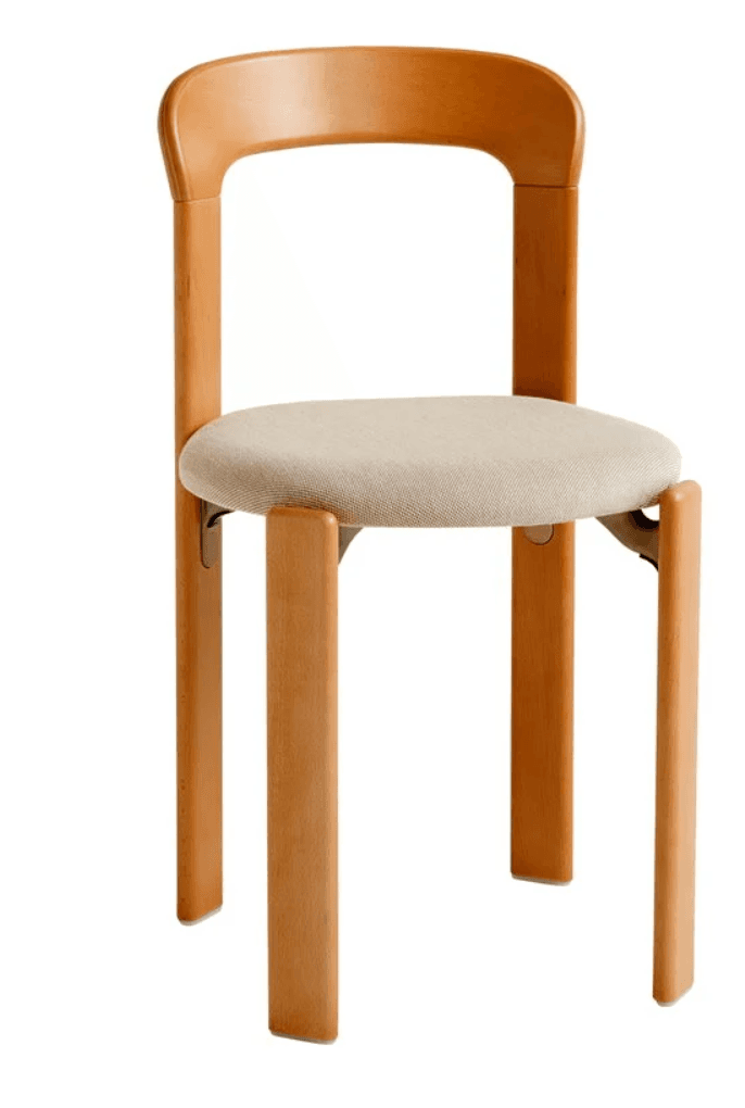 A modern wooden chair featuring a light natural wood frame and a light-colored upholstered seat. The design is minimalist with a curved backrest and straight, robust legs. — 3D model