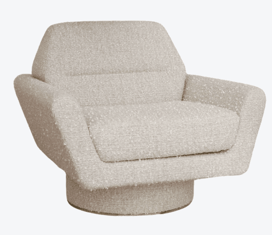 A modern armchair with a swivel base. The chair features a sculpted, enveloping form with broad, integrated armrests and a slightly reclined back. The upholstery has a textured boucle finish. The base is a circular pedestal that allows for 360-degree rotation. — 3D model