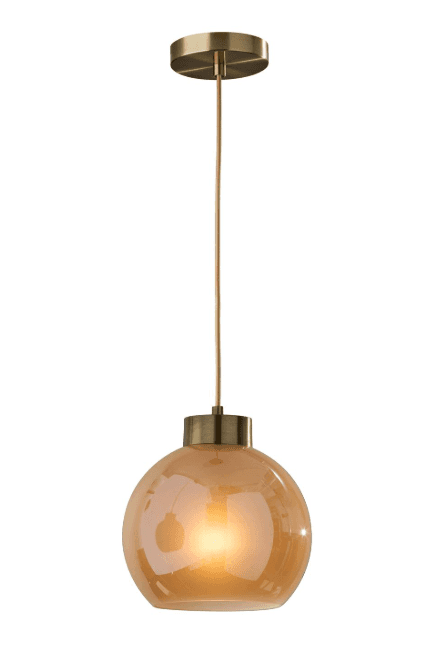 A modern pendant light featuring a spherical amber glass shade, suspended by a beige cord from a bra… — 3D model