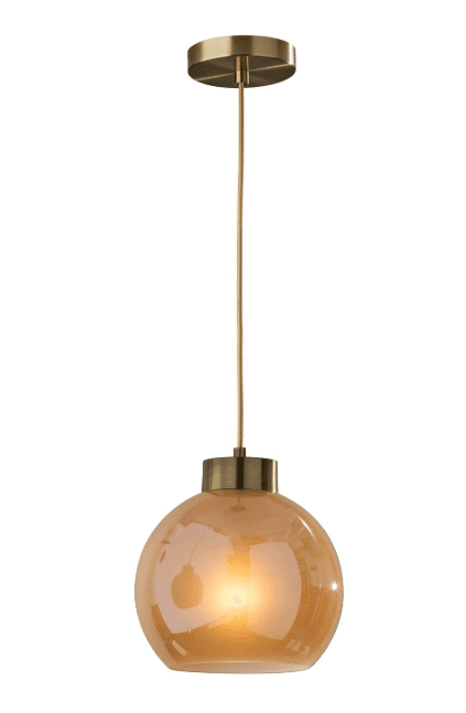 A modern pendant light featuring a spherical amber glass shade, suspended by a beige cord from a brass ceiling canopy. The light source within the globe is illuminated, casting a warm glow. Brass hardware connects the shade to the cord and forms the ceiling plate. — 3D model