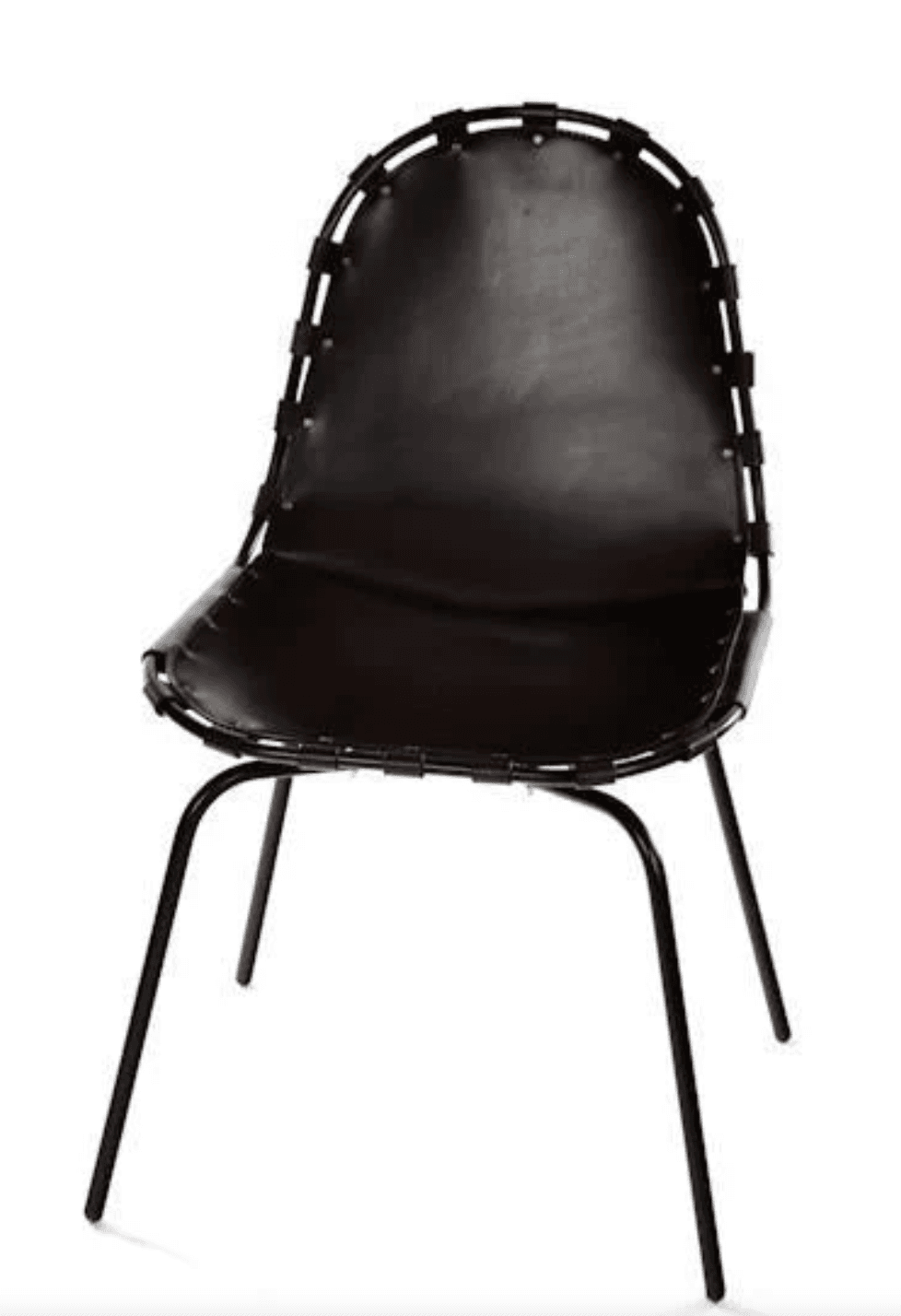 A contemporary side chair featuring a black leather sling seat and back, intricately attached to a black tubular metal frame with exposed leather straps and brass rivet details. — 3D model