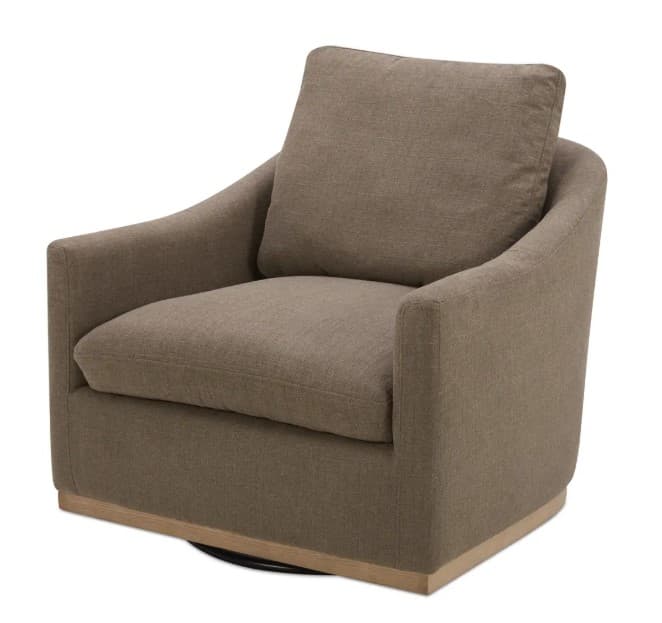 A modern armchair with a square seat and back, featuring a plush seat cushion and a loose back pillow. The armchair has a rounded silhouette formed by its armrests and back. It is upholstered in a textured brown fabric and sits on a light wood-finished base with a visible swivel mechanism underneath. The base has a square profile. — 3D model