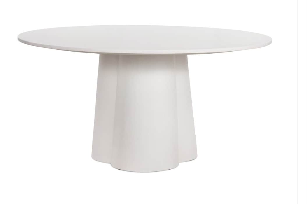 A contemporary round dining table featuring a smooth, white finish. The tabletop is circular and res… — free OBJ 3D model