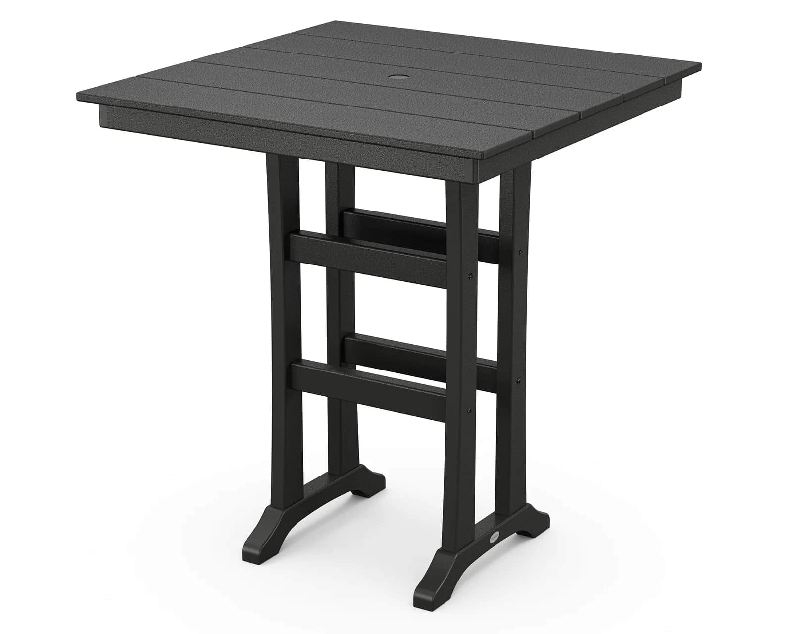 A dark gray square bar height table, constructed from recycled plastic with a slatted tabletop desig… — 3D model