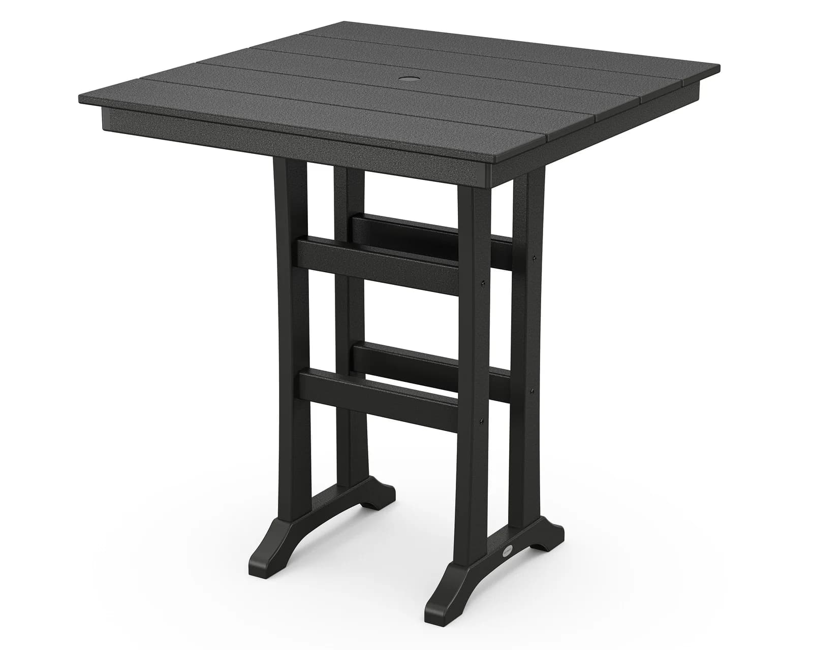 A dark gray square bar height table, constructed from recycled plastic with a slatted tabletop design. It features a central hole for an umbrella and a sturdy base composed of four legs connected by horizontal stretchers, culminating in flared feet for stability. The material has a textured, slightly rough finish. — 3D model