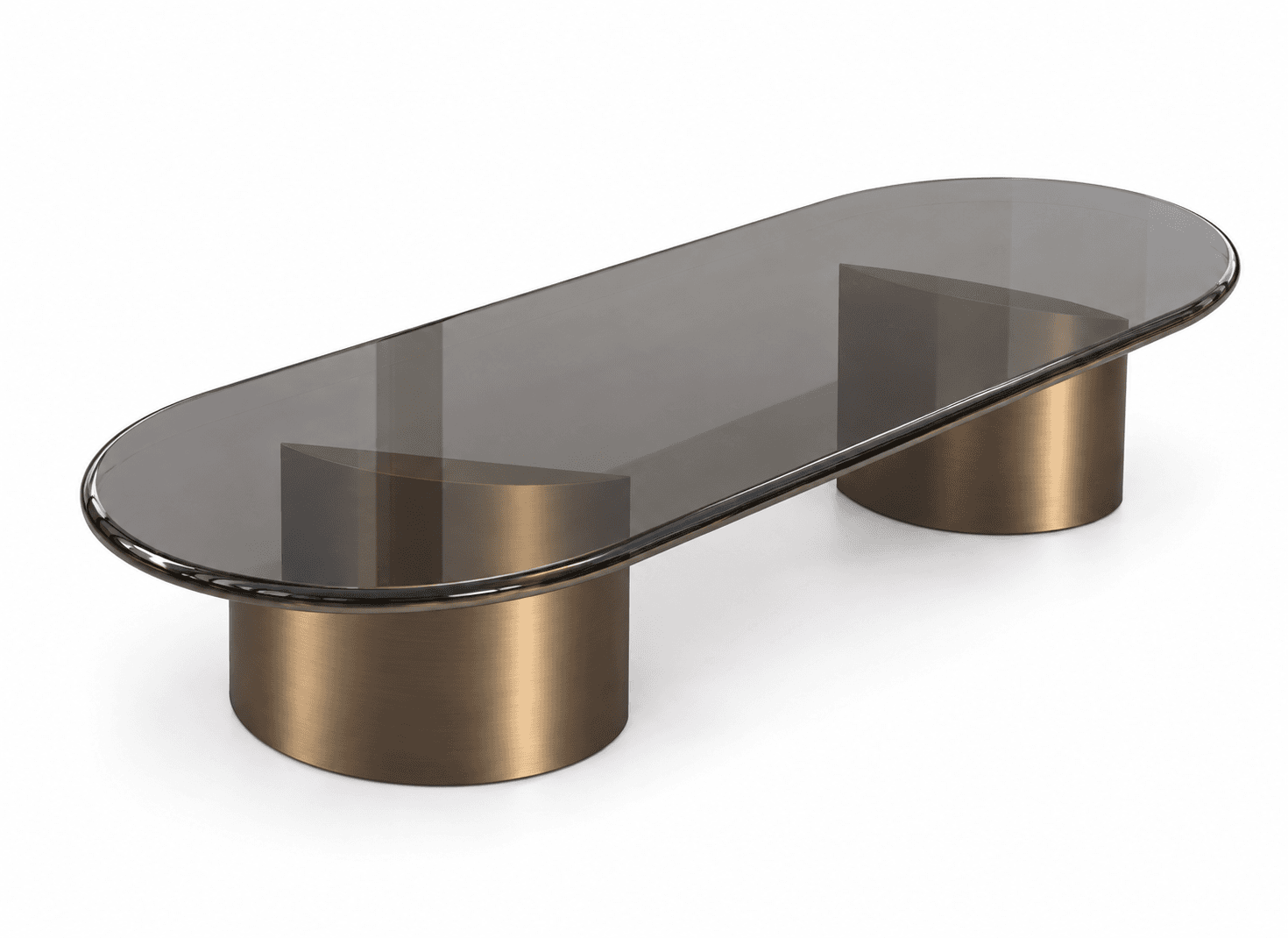 A modern coffee table featuring an elongated oval top made of smoked glass, supported by two robust, semi-cylindrical metal bases with a brushed bronze finish. The overall design is sleek and minimalist. — 3D model