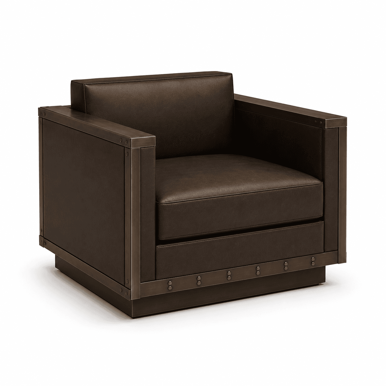 A dark brown upholstered armchair featuring a prominent bronze-toned metal frame with visible rivets, and a boxy, robust silhouette. — 3D model