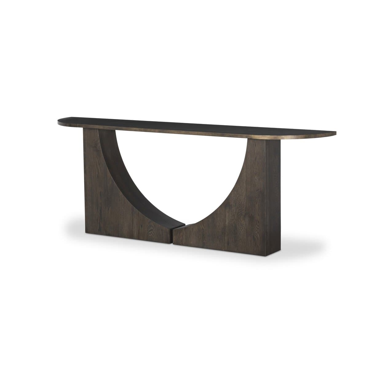 A modern console table featuring a dark stained wood finish, characterized by its distinctive arched pedestal base and a semicircular tabletop with a metallic trim. — 3D model