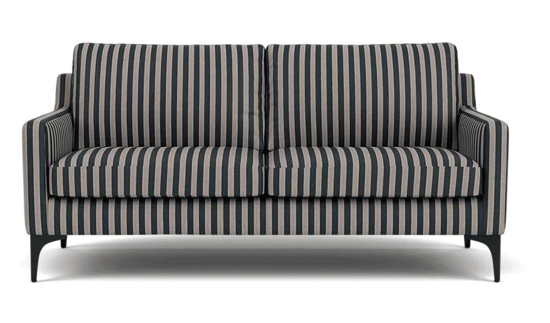 A two-seater sofa featuring a distinctive vertical striped upholstery pattern in dark grey/black and light beige/grey tones. It has a contemporary design with straight track arms, two loose seat cushions, and two loose back cushions. The sofa is supported by four slim, tapered legs, likely made of metal or dark-finished wood, providing a minimalist base. — 3D model