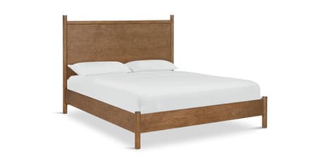 A queen-size wooden platform bed featuring a tall, paneled headboard and a minimalist frame. The bed is made of medium-brown wood, likely oak, with visible grain. It has a clean, modern design with straight lines, and the mattress is shown with white bedding. — 3D model