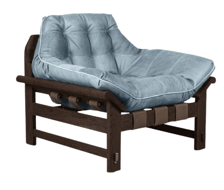 A contemporary lounge chair featuring a dark stained wooden frame, a thick, light blue tufted futon-style cushion, and supporting leather straps. — 3D model