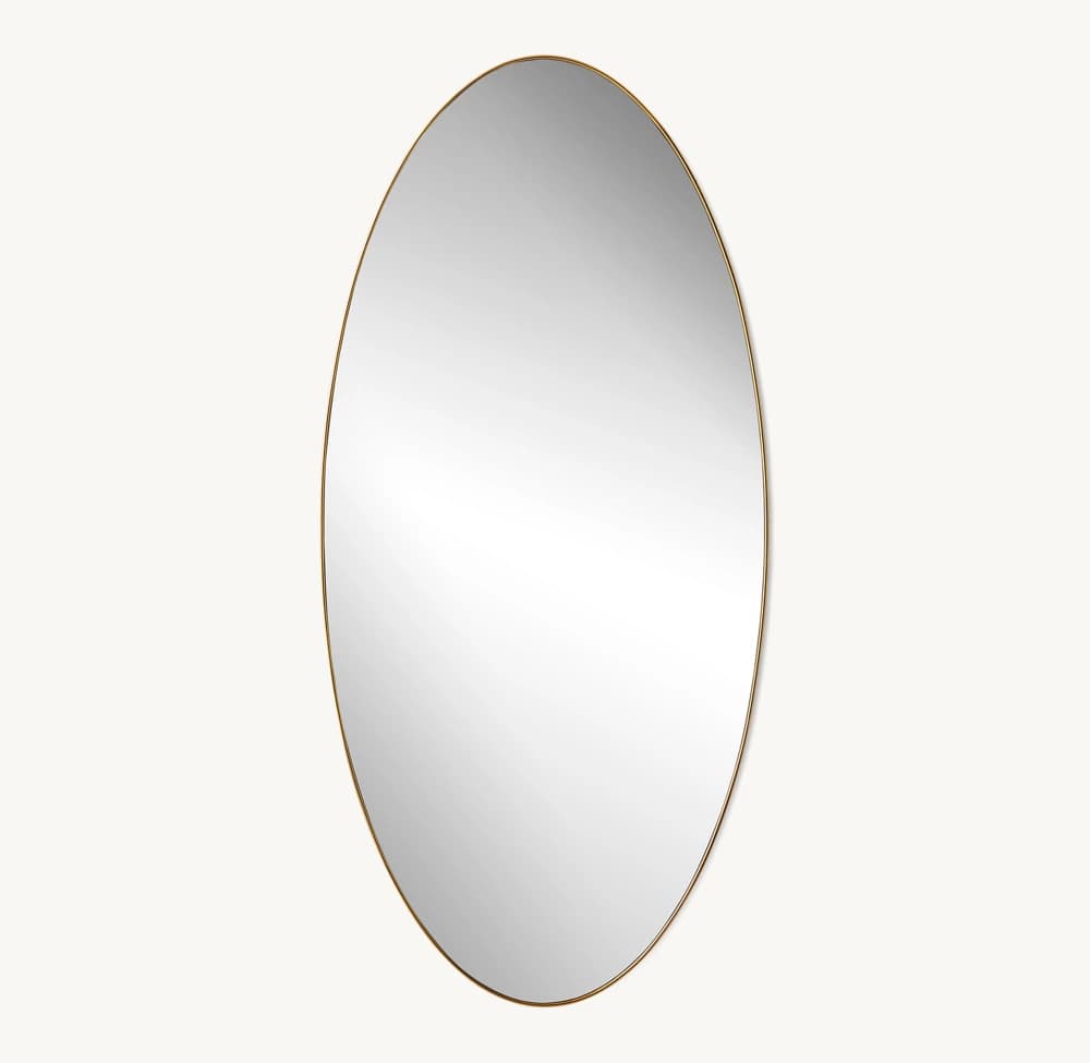 An oval-shaped wall mirror featuring a very thin, polished brass frame. The mirror surface is clear and highly reflective. The design is minimalist and contemporary, suitable for various interior styles. The mirror appears to be new or in excellent condition, presented against a plain light background. — 3D model