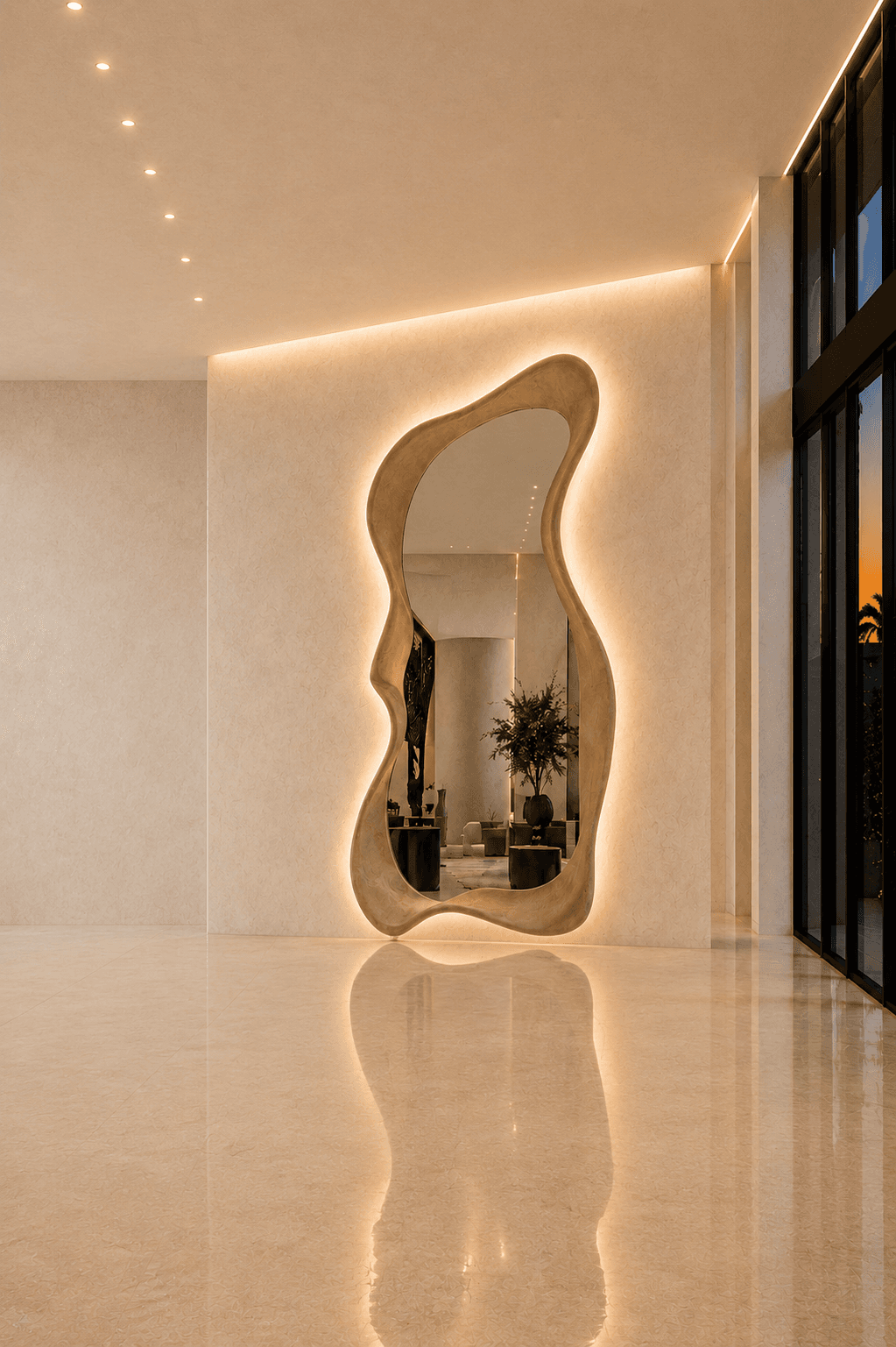 A freestanding or wall-mounted mirror featuring an irregular, free-form, organic shape. The reflective surface is framed by a thick, rounded border that appears to be upholstered in a light beige or tan fabric, possibly suede, giving it a soft, sculptural presence. The design is contemporary, emphasizing fluid lines over traditional geometry. — 3D model