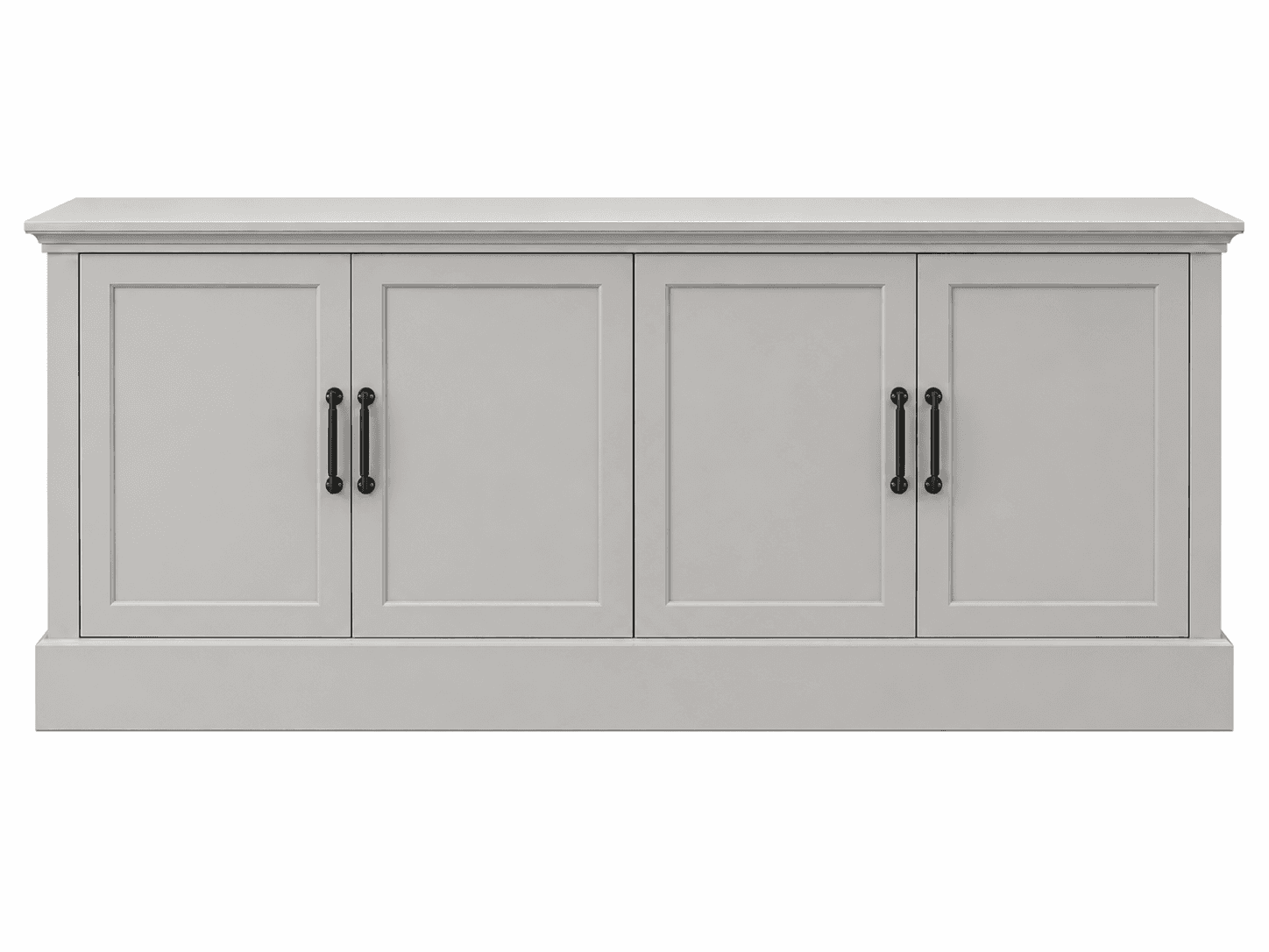 A contemporary light grey four-door sideboard or credenza featuring recessed panel doors, a flat top surface, and matte black metal bar pull handles, resting on a solid plinth base. — 3D model