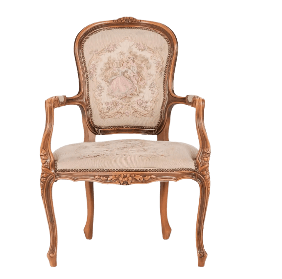 An ornate armchair with a carved wooden frame and upholstered seat and back. The upholstery features… — 3D model