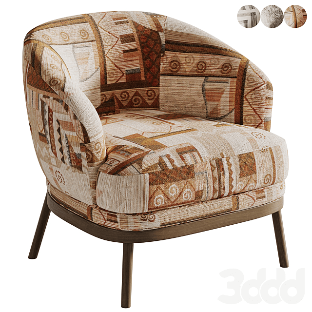 A barrel-back armchair featuring a vibrant patchwork fabric upholstery in earthy tones, supported by an exposed dark wood frame and tapered legs. — 3D model