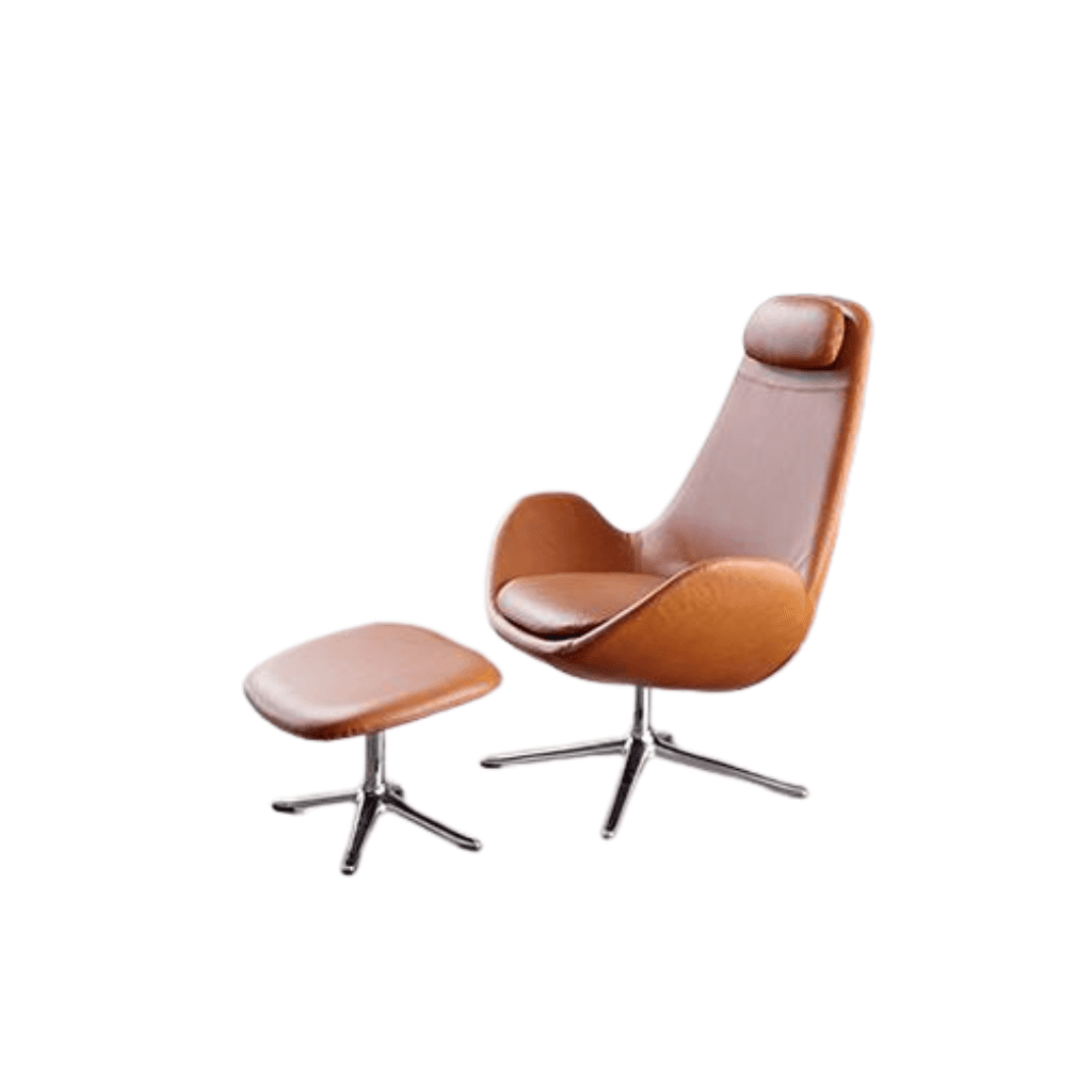A modern armchair with a matching ottoman. The armchair has a high, curved back with an integrated headrest and a rounded seat. The ottoman is rectangular with rounded corners. Both pieces are upholstered in brown leather and are supported by a central pedestal base with three splayed legs. — 3D model