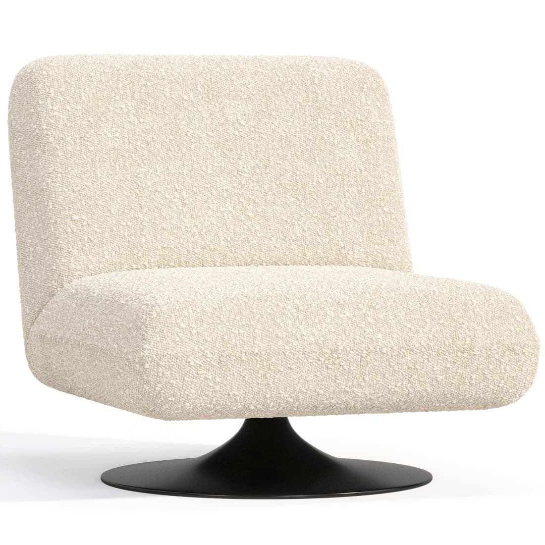 An armless lounge chair upholstered in a cream-colored boucle fabric, featuring a low-profile design and a circular black metal swivel base. — 3D model