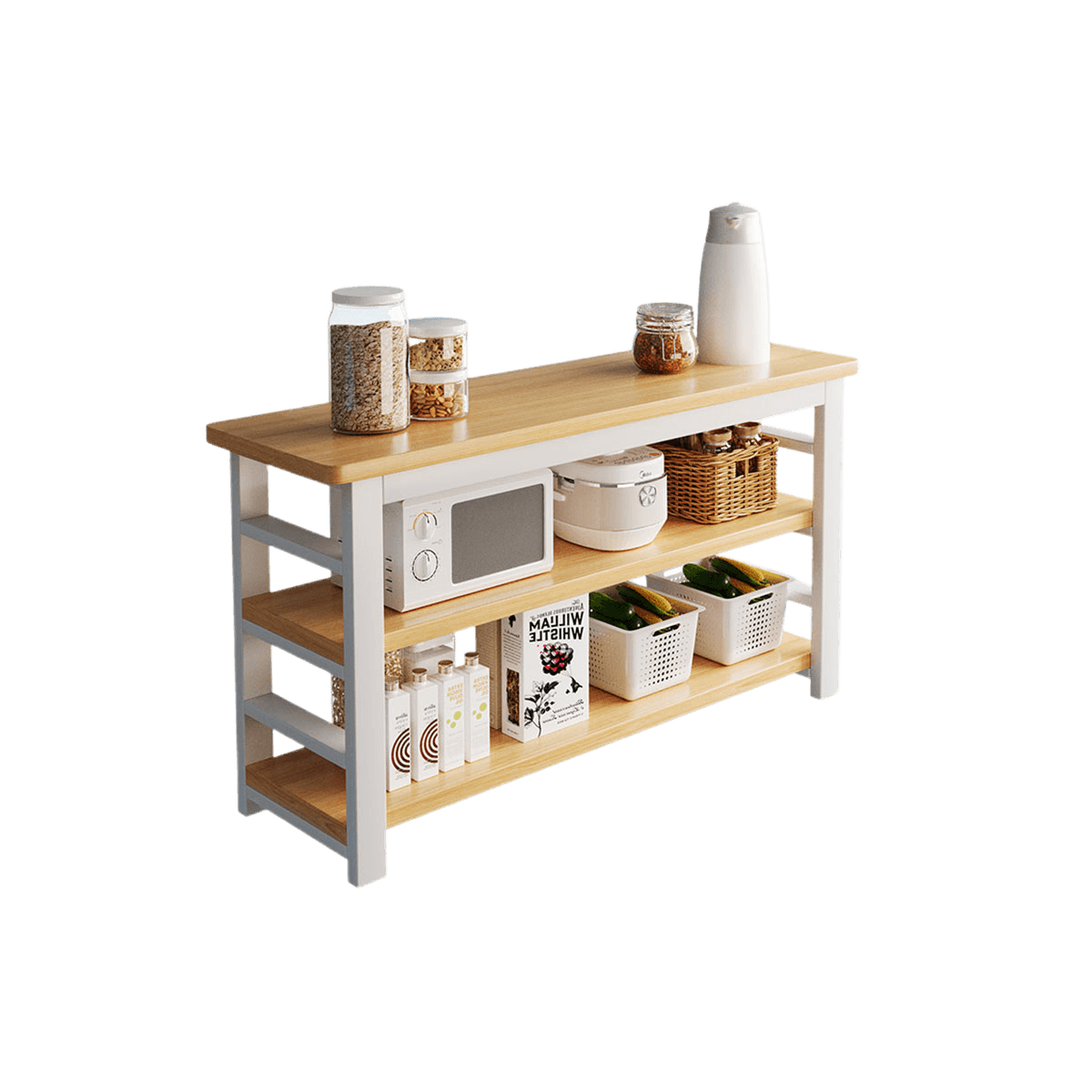 A multi-tiered kitchen storage rack featuring a light wood-toned top surface and three open shelves,… — 3D model