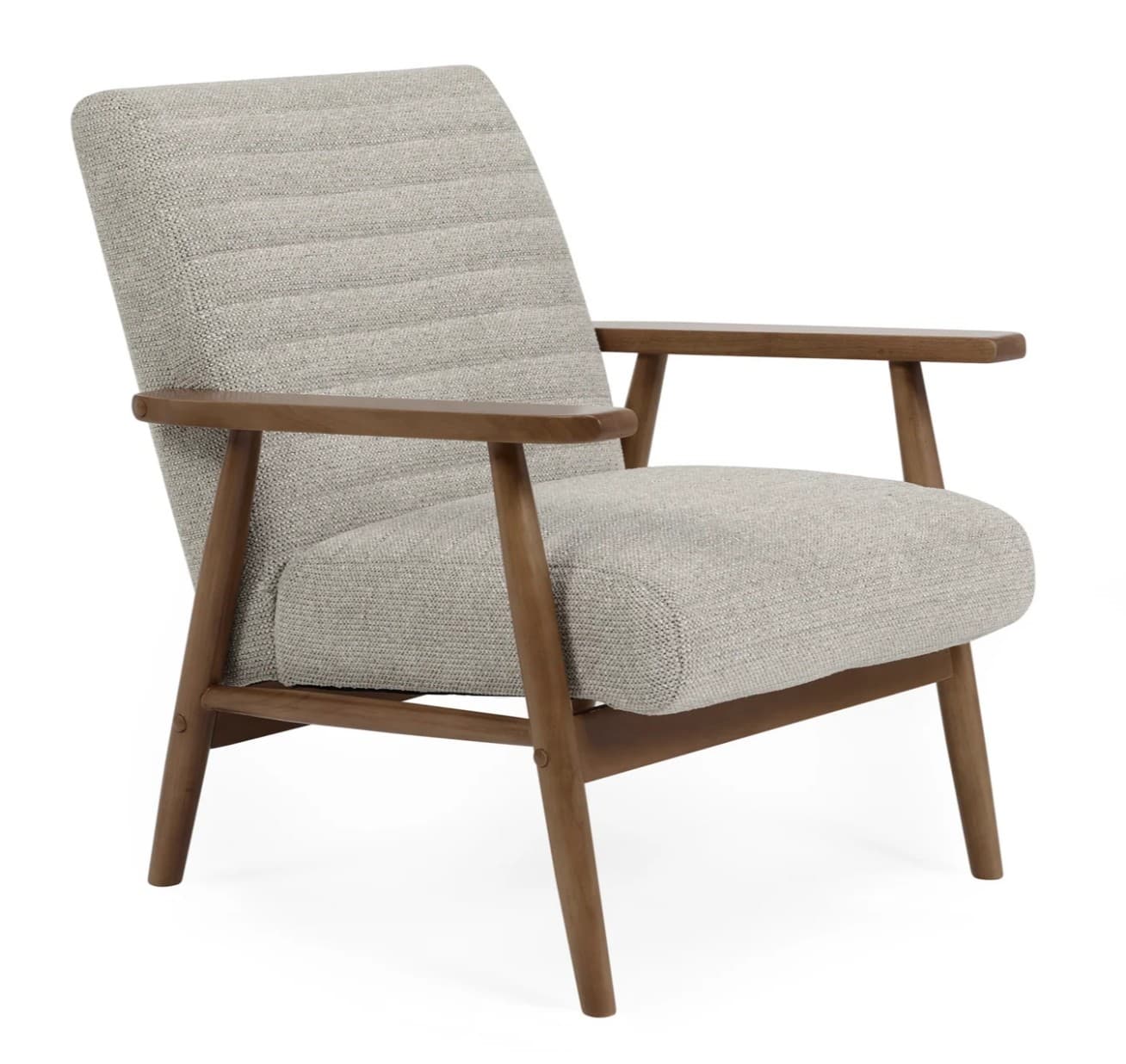 An upholstered lounge chair featuring a light grey woven fabric on the seat and backrest, supported by a visible wooden frame. The backrest exhibits horizontal channel tufting. — 3D model