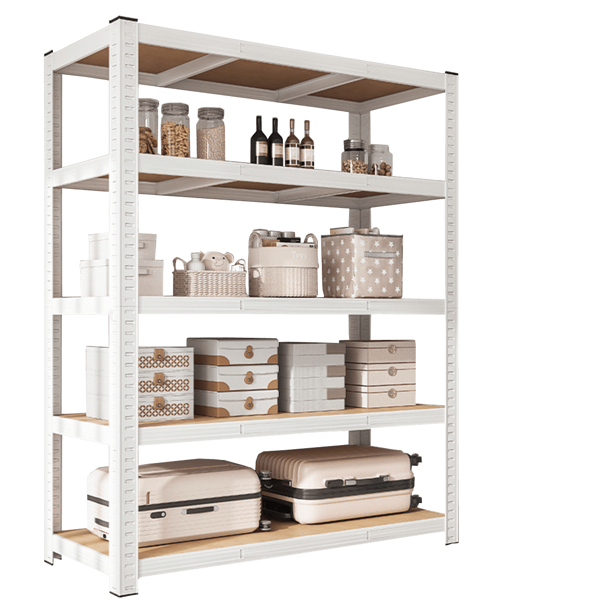 A five-tier shelving unit with a white powder-coated steel frame and light-colored wooden shelves, d… — 3D model