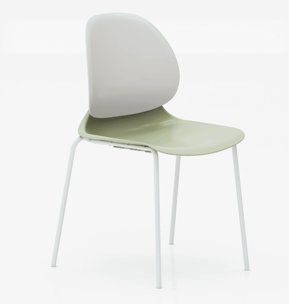 A modern side chair with a molded plastic seat and backrest. The seat is a light green color and is curved for comfort. The backrest is a lighter, off-white color and has a unique, rounded shape that extends upwards. The chair is supported by a slender, white metal frame with four legs, creating a minimalist and contemporary aesthetic. The seat appears to be a single molded piece, and the backrest is attached to the upper part of the seat structure. — 3D model